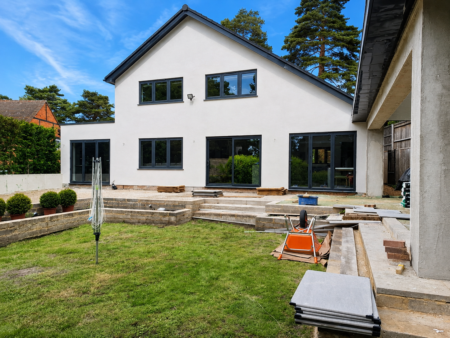 Finished terrace extension with rendered walls and glazing